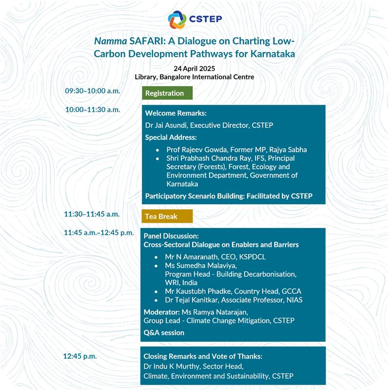 CSTEP (@cstep_india) on Twitter photo Join us on 24 April 2025 at the <a href="/bicblr/">Bangalore International Centre</a> for 'Namma SAFARI: A Dialogue on Charting Low-Carbon Pathways for #Karnataka', where we'll discuss #sustainable futures and #decarbonisation strategies for key sectors in the state.
Register now and take part in shaping Karnataka's Join us on 24 April 2025 at the <a href="/bicblr/">Bangalore International Centre</a> for 'Namma SAFARI: A Dialogue on Charting Low-Carbon Pathways for #Karnataka', where we'll discuss #sustainable futures and #decarbonisation strategies for key sectors in the state.
Register now and take part in shaping Karnataka's
