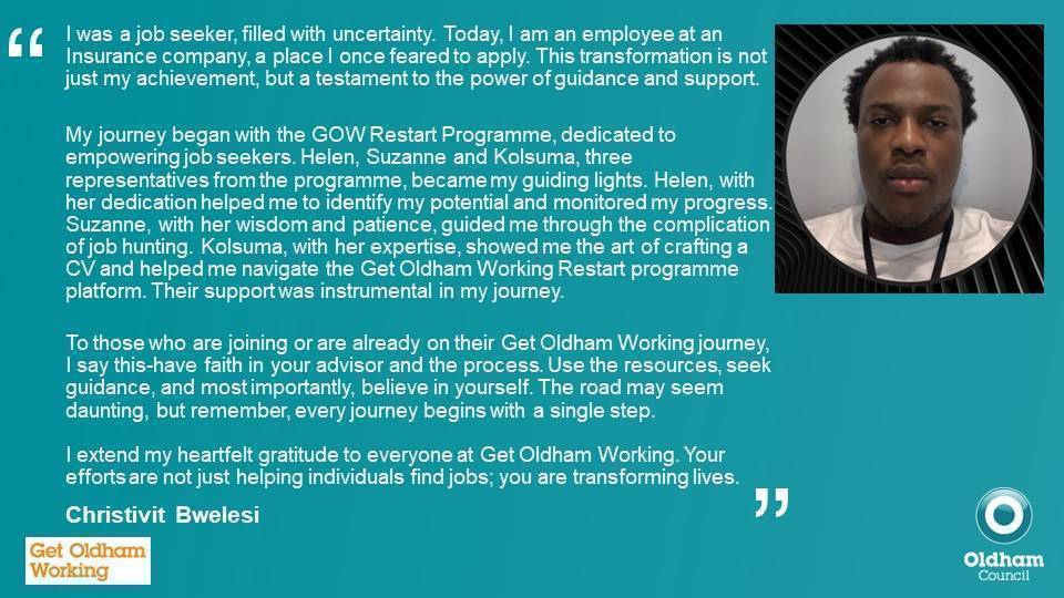 Just like we helped Christivit, we can also help you! All you need to do is take the first step and get booked in with our wonderful team!

Congratulations Christivit!

Contact us on: 0161 770 4674 or getoldhamworking@oldham.gov.uk

#GetOldhamWorking #OldhamJobs