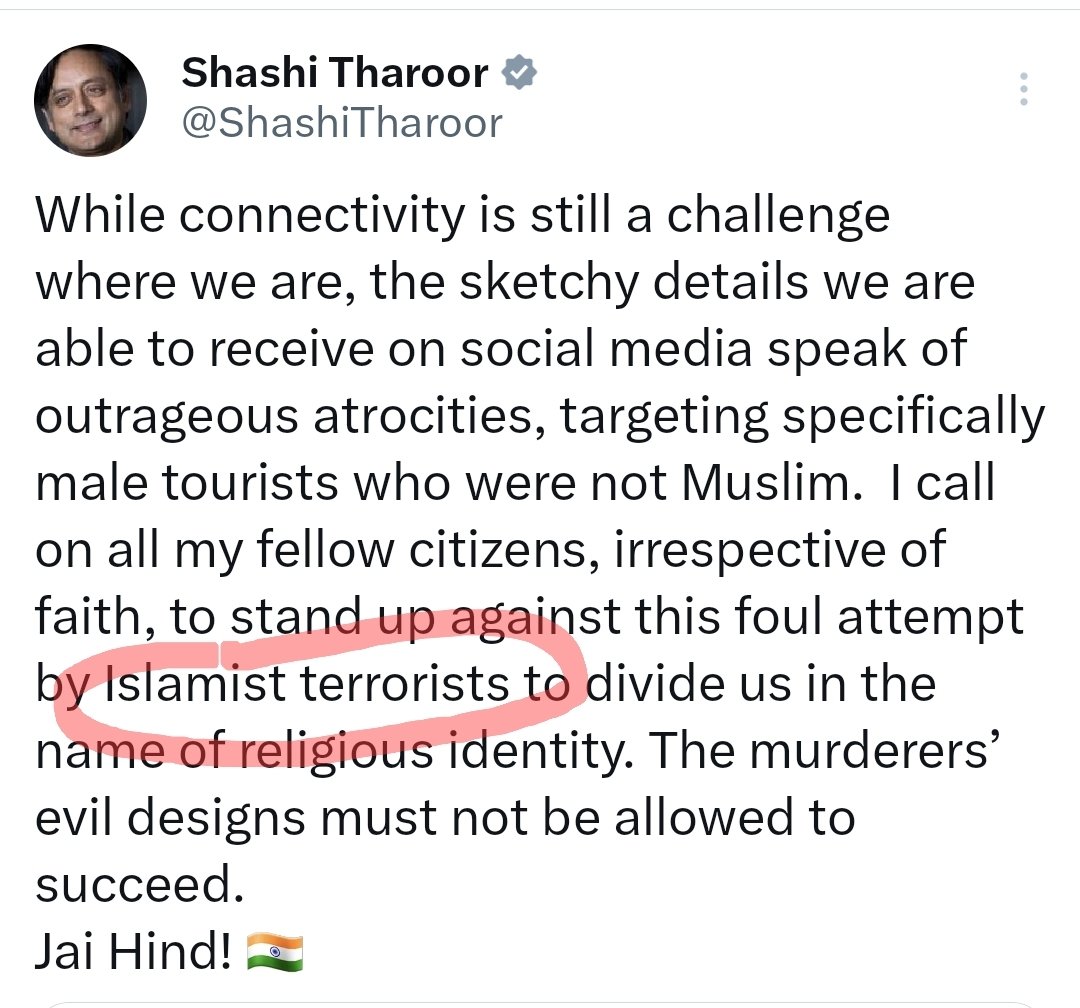 BhikuMhatre (@mumbaichadon) on Twitter photo Only 'MAN' with Spine in CONgress- <a href="/ShashiTharoor/">Shashi Tharoor</a> 👏
26-11 Att@ck~ CONgress leaders & Ministers LIED & coined terms 'Saffron Terr0r', 'Hindu Terr0ri$ts' etc.
But not a single, I repeat NO-ONE has used term 'I$£amic Terr0r' for #PahalgamTerroristAttack, EXCEPT Shashi Tharoor. Only 'MAN' with Spine in CONgress- <a href="/ShashiTharoor/">Shashi Tharoor</a> 👏
26-11 Att@ck~ CONgress leaders & Ministers LIED & coined terms 'Saffron Terr0r', 'Hindu Terr0ri$ts' etc.
But not a single, I repeat NO-ONE has used term 'I$£amic Terr0r' for #PahalgamTerroristAttack, EXCEPT Shashi Tharoor.