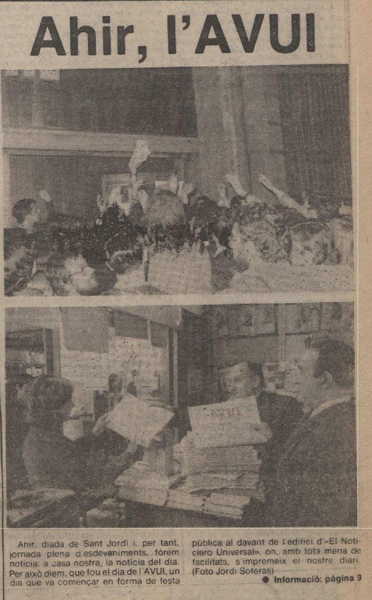 Avui, 23 d'abril, és el 49è aniversari de l'Avui. L'eufòria col·lectiva va esgotar ràpidament tots els exemplars de la 1a tirada.

Ahir, avui i sempre: llegiu llibres i premsa en català! Molt bona diada de Sant Jordi!