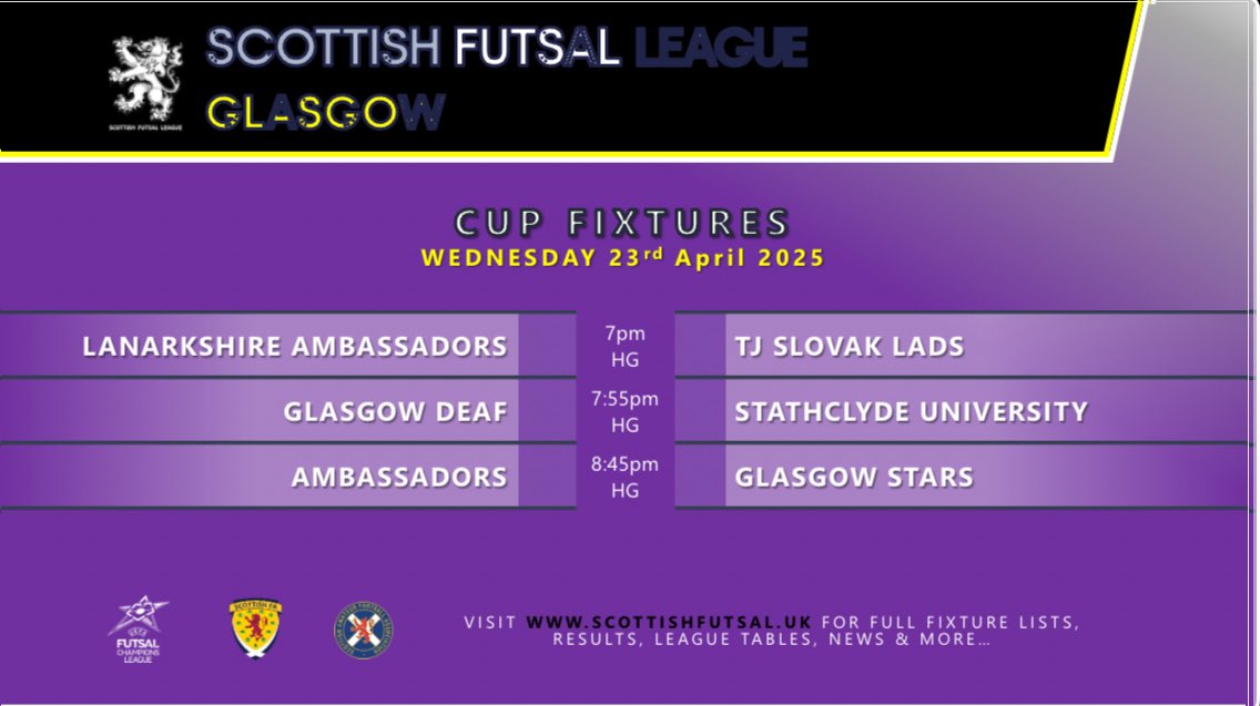 SFL Glasgow (@sflglasgow) on Twitter photo SFL Glasgow | Tonightβs Fixtures
Back to Hutcheson Grammar for the next few months!
π Lanarkshire take on Slovak Lads in Summer Cup
π Glasgow v Strathclyde in Spring Cup Final
π Ambassadors v Stars in League Cup Final
Good luck to all teams involved!
<a href="/ScottishFutsal/">Scottish Futsal</a> SFL Glasgow | Tonightβs Fixtures
Back to Hutcheson Grammar for the next few months!
π Lanarkshire take on Slovak Lads in Summer Cup
π Glasgow v Strathclyde in Spring Cup Final
π Ambassadors v Stars in League Cup Final
Good luck to all teams involved!
<a href="/ScottishFutsal/">Scottish Futsal</a>
