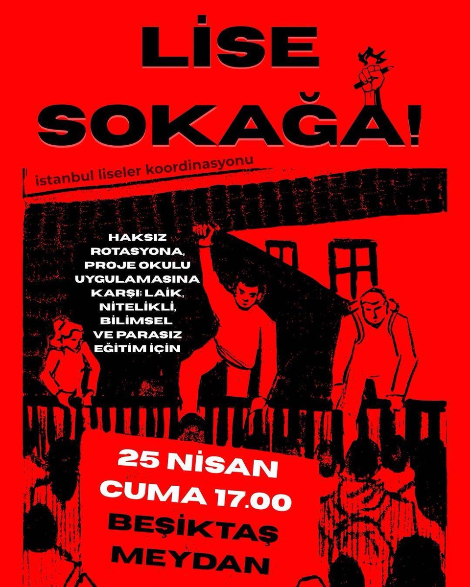 📍İstanbul 

Lise Sokağa!

Proje okulu uygulamasına karşı nitelikli, bilimsel, anadilde, parasız eğitim için 25 Nisan Cuma günü saat 17.00’de Beşiktaş Meydanı’ndayız. 

Biz kazanacağız!