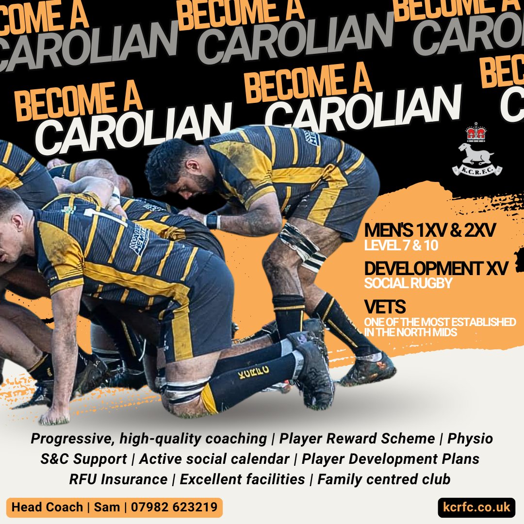 📢 Join KCRFC for the 25/26 season 🐐

Whether you're looking to re-engage with rugby, find a new challenge or you're studying locally...

Performance or social rugby + great coaching + sublime food + regular socials + inexpensive membership fees = No brainer 🧠

#BecomeACarolian