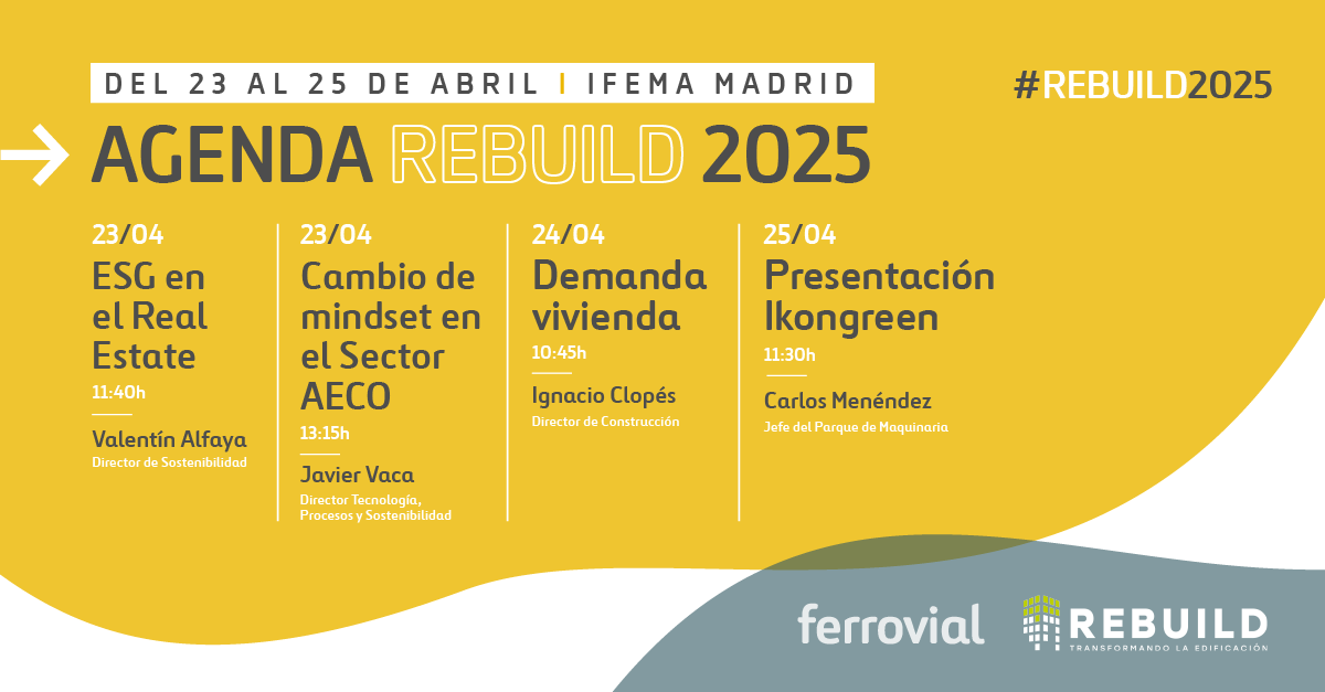 🚨Spoiler: las infraestructuras del futuro están en <a href="/rebuildexpo/">REBUILD</a> 2025
📅 Del 23 al 25 de abril, aterrizamos en una de las mayores ferias del año sobre construcción y edificación. Busca nuestro stand y anota las ponencias y charlas en las que participamos.
📍¡Nos vemos en <a href="/IFEMA/">IFEMA MADRID</a>!