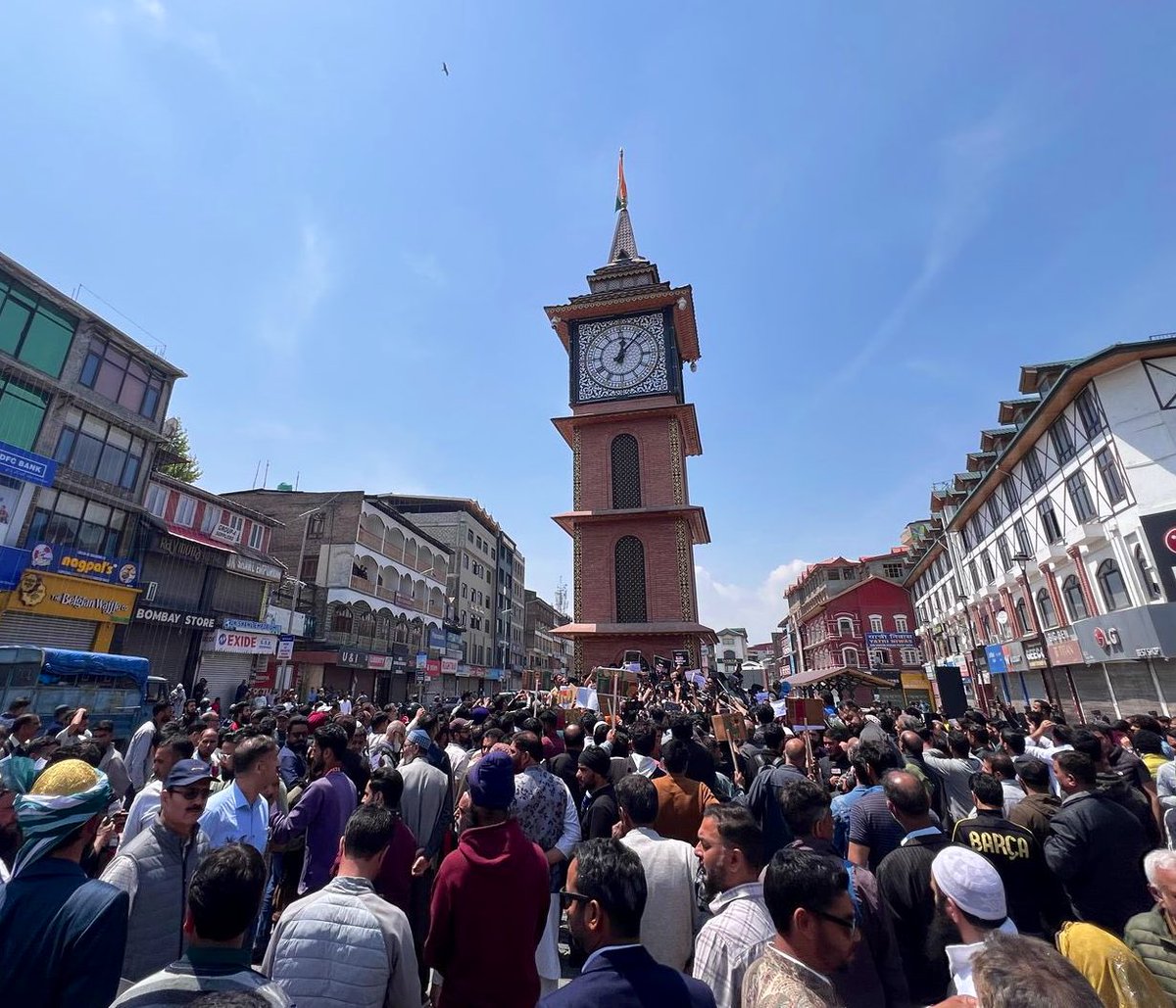 ahmermkhan's tweet image. People gathered in historic Lal Chowk to protest the killings in the #PahalgamAttack.

A complete shutdown is underway across Jammu &amp;amp; Kashmir, with demonstrations reported in several other areas as well.