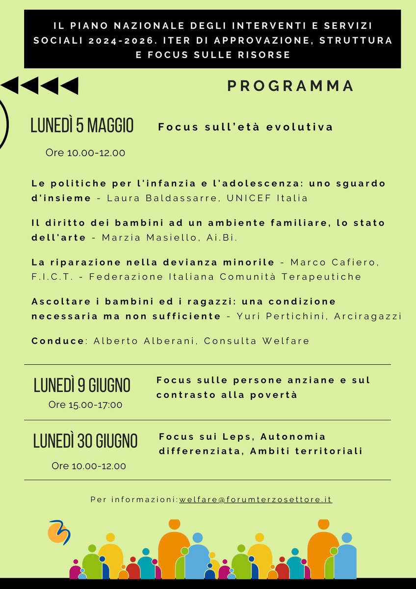Verso un nuovo sistema di #welfare: 🗓️lunedì 5 maggio 2° appuntamento con i webinar del Forum Terzo Settore sul Piano Nazionale degli Interventi e Servizi Sociali 2024-2026. Focus sull’età evolutiva: servizi e interventi dedicati a bambini e adolescenti
👉tinyurl.com/bde42b5