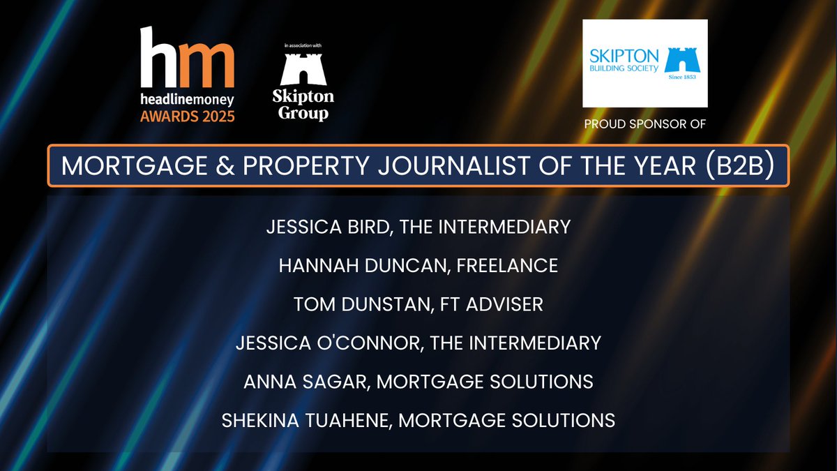 Headlinemoney (@headlinemoney_) on Twitter photo Here we go... the shortlists for the #HMAwards25!
First, our Mortgage & Property Journalist of the Year (B2B) category, sponsored by <a href="/SkiptonBS_Press/">Skipton Press Office</a>
Congrats to <a href="/jess_jbird/">Jess Bird</a>, Hannah Duncan, <a href="/tom_dunstan/">Tom Dunstan</a>, Jessica O'Connor, <a href="/AnnasagarMS/">annasagarMS</a> & <a href="/ShekinaJourno/">Shekinah Tuahene</a> 🍾 Here we go... the shortlists for the #HMAwards25!
First, our Mortgage & Property Journalist of the Year (B2B) category, sponsored by <a href="/SkiptonBS_Press/">Skipton Press Office</a>
Congrats to <a href="/jess_jbird/">Jess Bird</a>, Hannah Duncan, <a href="/tom_dunstan/">Tom Dunstan</a>, Jessica O'Connor, <a href="/AnnasagarMS/">annasagarMS</a> & <a href="/ShekinaJourno/">Shekinah Tuahene</a> 🍾