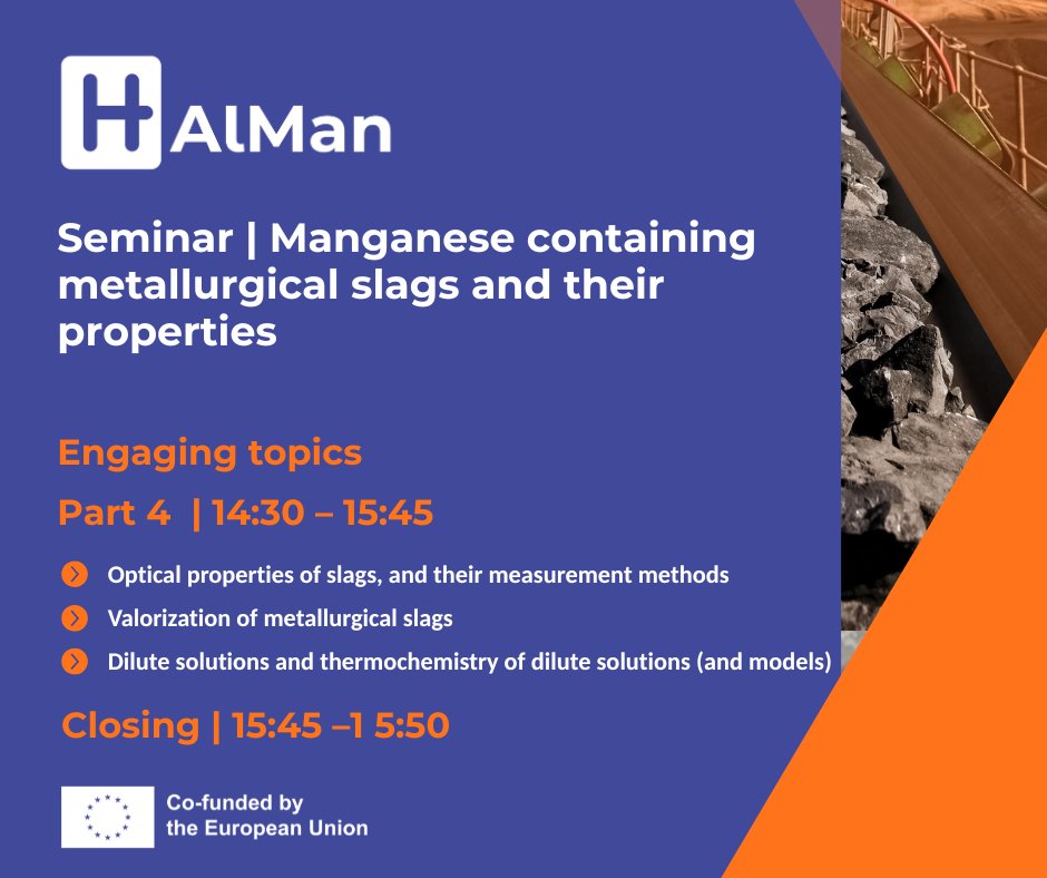 Seminar: Manganese containing metallurgical slags and their properties 🗓️ 22 May 2025 | ⏰ 08:20–15:50 CET
📍Trondheim (Aud. B1, Berg, Gløshaugen) &amp; Online
 Full programme: bit.ly/4j1hBDB