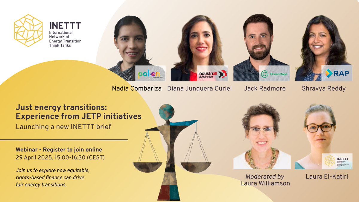 What role can #climatefinance play in making energy transitions more just and effective?

Our webinar will unpack key insights from our new brief, exploring early takeaways from Just #EnergyTransition Partnerships #JETP. 

📅 29 April 
⏰ 3-4:30pm CEST
✍️ agora-thinktanks-org.zoom.us/webinar/regist…
