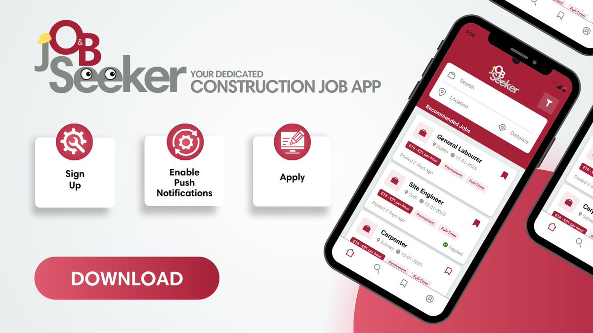 oandbIreland's tweet image. 📱 The new O&amp;amp;B Jobseeker App is here!
Construction &amp;amp; Warehousing jobs are now just a few taps away.

✔️ Sign up
✔️ Enable Push Notifications
✔️ Apply

Available for download on iOS &amp;amp; Google: apple.co/3XYrXw4

#JobseekerApp #ConstructionIreland #JobsinIreland