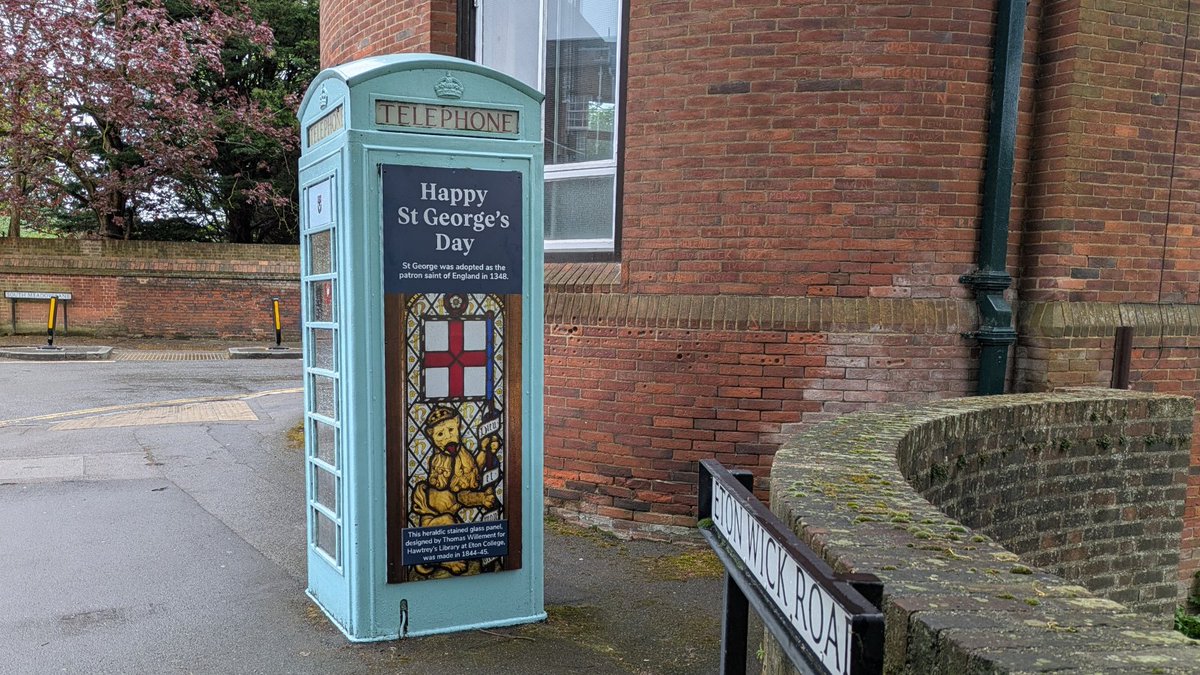 Happy St George's Day! Perhaps this English rain is fitting as we remember our patron saint (from beneath our brolly ☔). 
#StGeorge was adopted as patron saint of England in 1348. Nearly 500 years later, this stained glass panel was designed for Hawtrey's Library at Eton College