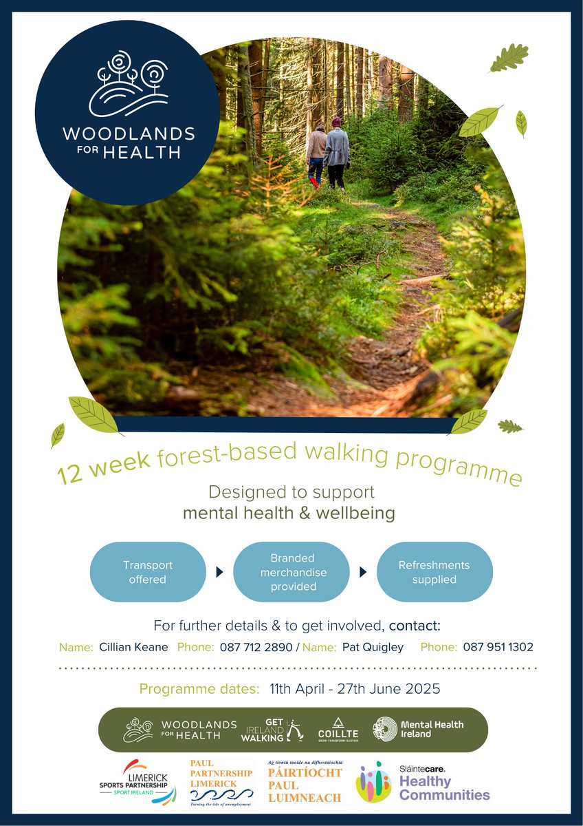 Limerick Sports (@limericksports) on Twitter photo Woodlands for Health - 12 week walking programme, offering recovery-focused eco-therapy!
📅 Resumes Fri 25th April
📍 Curraghchase Forest Park
⏰ Bus leaves Arthurs Quay Park @ 10.30am
<a href="/Limerick_ie/">Limerick.ie</a> <a href="/MentalHealthIrl/">Mental Health IRL</a> <a href="/sportireland/">Sport Ireland</a> #activelimerick Woodlands for Health - 12 week walking programme, offering recovery-focused eco-therapy!
📅 Resumes Fri 25th April
📍 Curraghchase Forest Park
⏰ Bus leaves Arthurs Quay Park @ 10.30am
<a href="/Limerick_ie/">Limerick.ie</a> <a href="/MentalHealthIrl/">Mental Health IRL</a> <a href="/sportireland/">Sport Ireland</a> #activelimerick