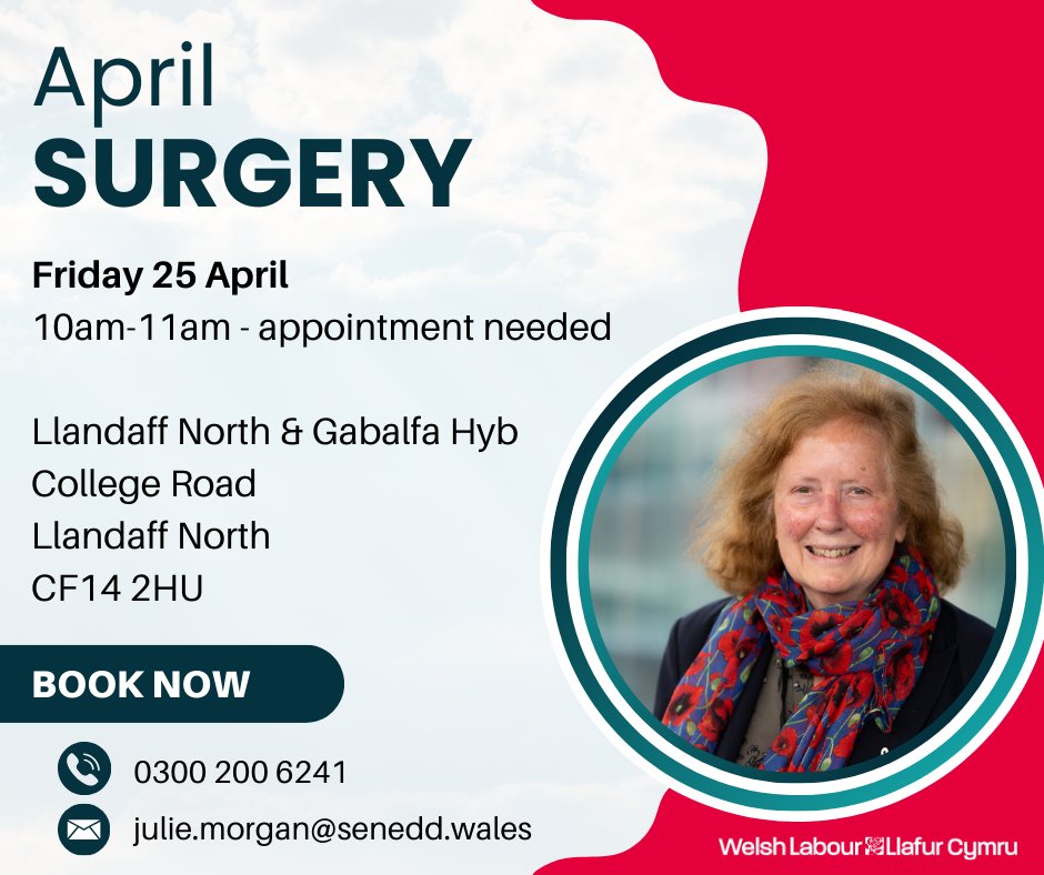 My next constituency surgery is on Friday 25 April, 10am-11am.

📍Llandaff North and Gabalfa Hyb
College Road
Llandaff North
CF14 2HU

Please get in touch to make an appointment.