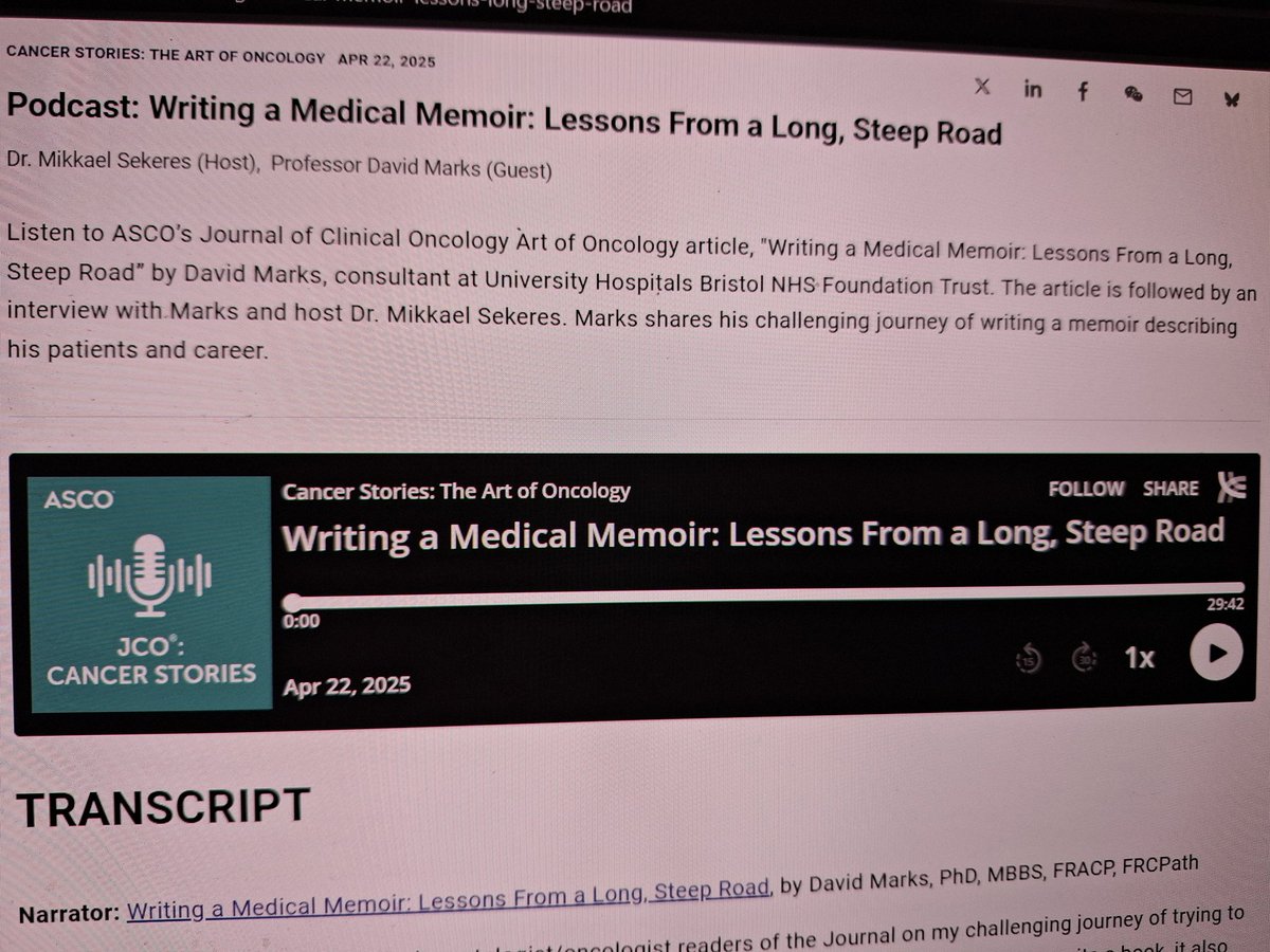Here is my essay in #JCO_ASCO #cancerstories about writing my book #Lifeblood and a podcast interview with #MikkaelSekeres
ascopubs.org/do/writing-med…  Also on Youtube, free access

#artofoncology