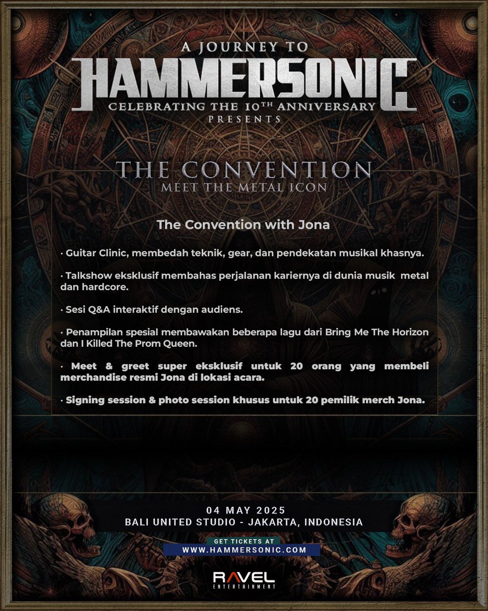 Meet JONA WEINHOFEN!

Join JONA for clinics, Q&amp;As, &amp; exclusive performances of iconic tracks from BMTH, IKTPQ, and more — LIVE on stage.

It’s your chance to sing along, snap a photo, &amp; get your merch signed. Grab your ticket now at hammersonic.com. 

See you soon!