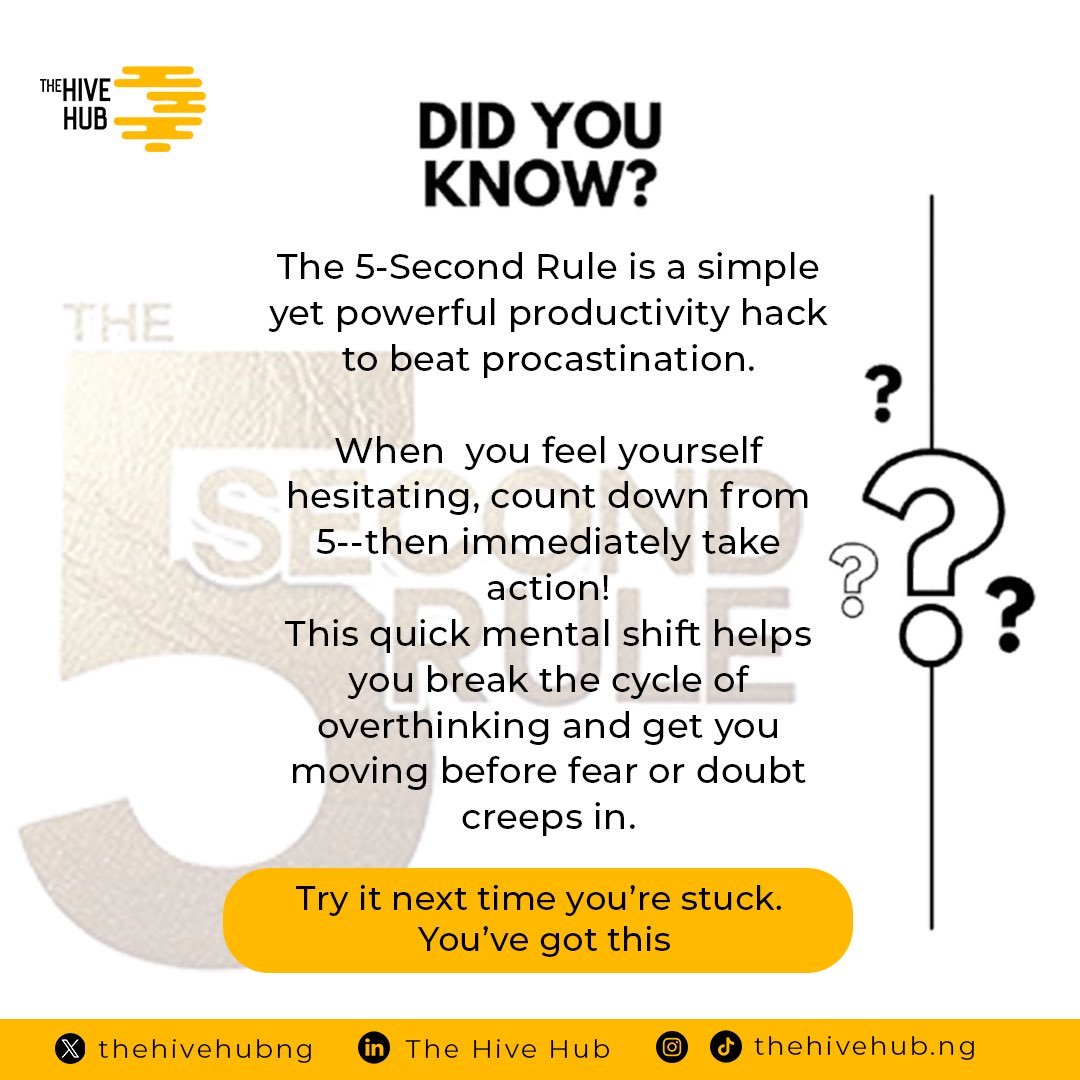 thehivehubng's tweet photo. Procrastination holding you back?

Try the 5-Second Rule!

Count down from 5 and take action—no second thoughts, just DO! 🚀

#ProductivityHack #5SecondRule #BeatProcrastination https://t.co/WforMIHv4e