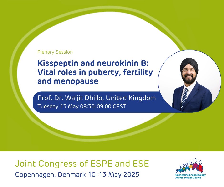 ESPE (@eurospe) on Twitter photo 📢 Plenary highlight!
Join us this May for the Joint Congress of ESPE and ESE! This 'whole life' approach includes Prof. Dr. <a href="/WaljitD/">Waljit Dhillo</a> of <a href="/imperialcollege/">Imperial College London</a> on 'Kisspeptin and neurokinin B: vital roles in puberty, fertility and menopause'.
🔗 espe-ese-congress2025.org 📢 Plenary highlight!
Join us this May for the Joint Congress of ESPE and ESE! This 'whole life' approach includes Prof. Dr. <a href="/WaljitD/">Waljit Dhillo</a> of <a href="/imperialcollege/">Imperial College London</a> on 'Kisspeptin and neurokinin B: vital roles in puberty, fertility and menopause'.
đź”— espe-ese-congress2025.org