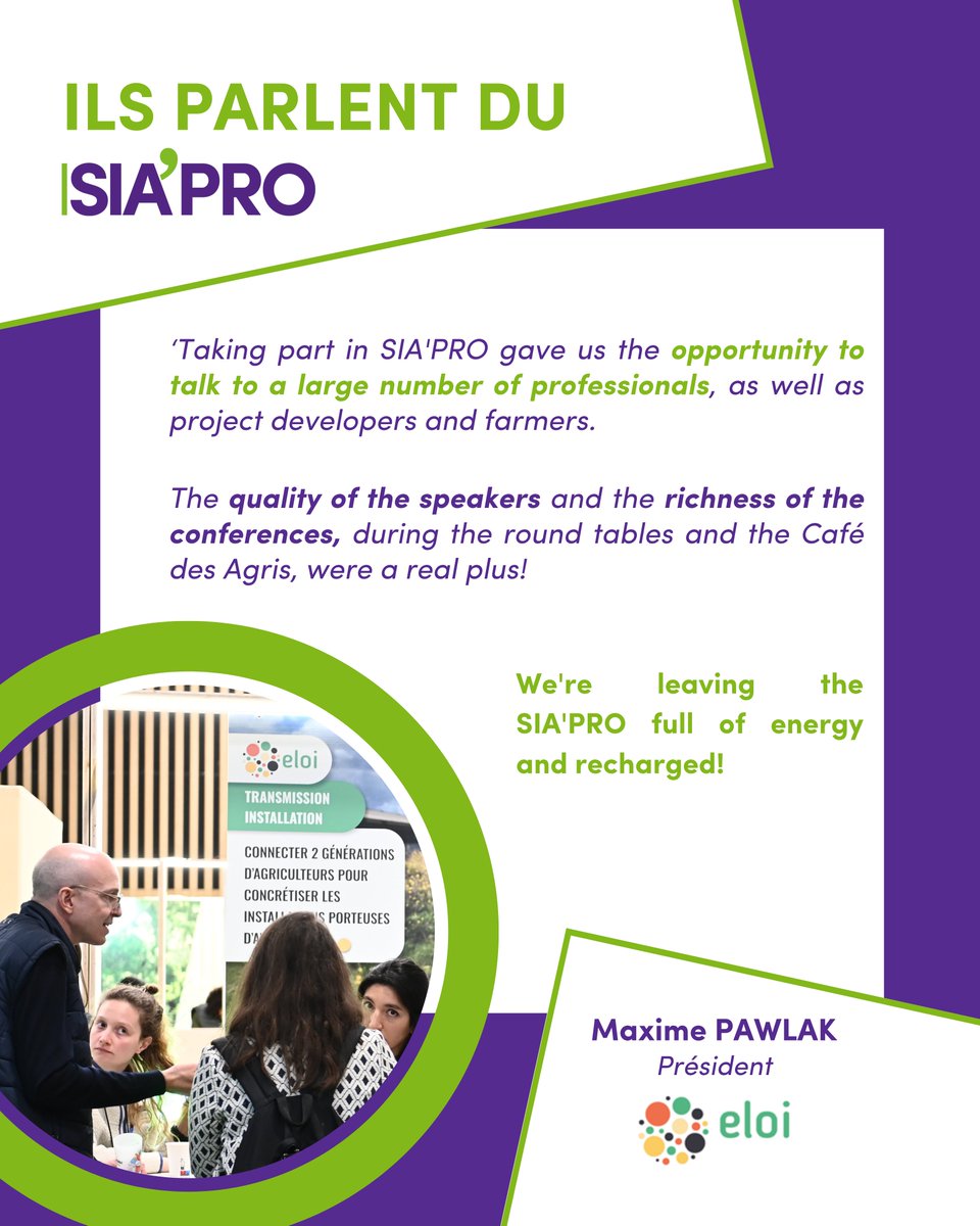 Ils parlent du #SIAPRO ! 🌾

Maxime Pawlak, Président de Eloi, partage son expérience : « Le salon nous a permis d’échanger avec professionnels, porteurs de projets et agriculteurs. »

💡 Un événement riche en échanges et conférences sur les enjeux du secteur.