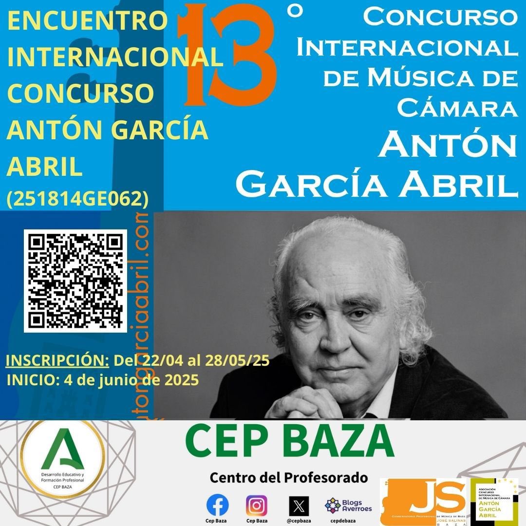 📢 ENCUENTRO INTERNACIONAL CONCURSO ANTÓN GARCÍA ABRIL
(251814GE062)

🗓️ INSCRIPCIÓN: Del 22/04 al 28/05/25

📅 *Fechas de realización:*  04/06 AL 09/06/2025 

🏛️ *Lugar de realización* Auditorio Antón García Abril

📝 INSCRIPCIONES 
bit.ly/3RZKZhY