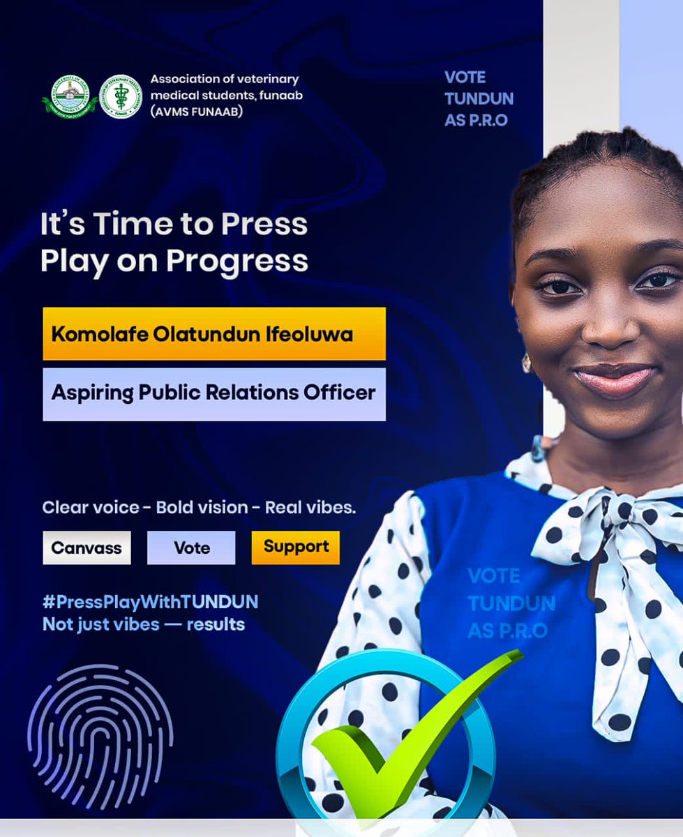 lux_medica_dvm's tweet photo. It's time to press play on progress 🎬 Komolafe Tundun isn't just running — she's ready to represent, resonate and revolutionize!

You want a P.R.O who communicates clearly, connects easily and vibes genuinely? That's Tundun!
#AVMSElections #VoteTundun #AVMSFUNAAB #ManifestoDay https://t.co/vEHwlD60OF