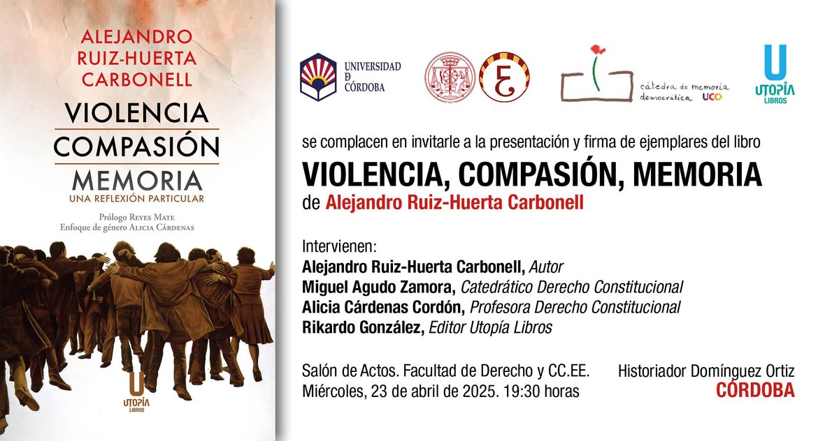 El equipo editorial de Utopía Libros queremos desearos un gran #diadellibro, y os invitamos a pasarlo con nosotros en la presentación de uno de los títulos del año, «Violencia, compasión, memoria», de Alejandro Ruiz-Huerta Carbonell.