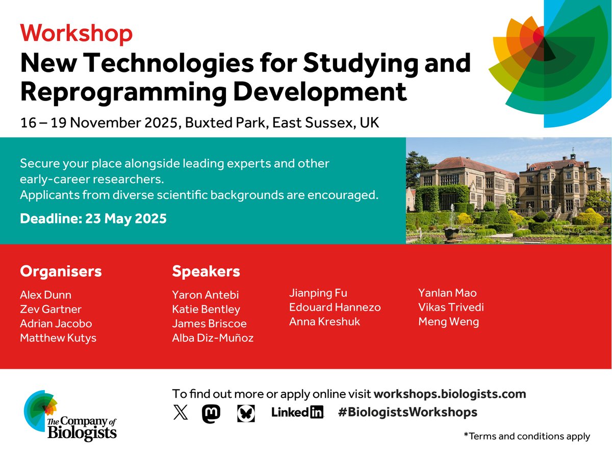 The Company of Biologists (@co_biologists) on Twitter photo One month left for early-career researchers to apply for a funded place at our Workshop 'New Technologies for Studying and Reprogramming Development' organised by <a href="/ZevGartner/">Zev Gartner</a>, <a href="/Adrian_Jacobo/">Adrian Jacobo</a>, Alexander Dunn & Matthew Kutys. Apply by 23 May at biologists.com/workshops/nov-… One month left for early-career researchers to apply for a funded place at our Workshop 'New Technologies for Studying and Reprogramming Development' organised by <a href="/ZevGartner/">Zev Gartner</a>, <a href="/Adrian_Jacobo/">Adrian Jacobo</a>, Alexander Dunn & Matthew Kutys. Apply by 23 May at biologists.com/workshops/nov-…