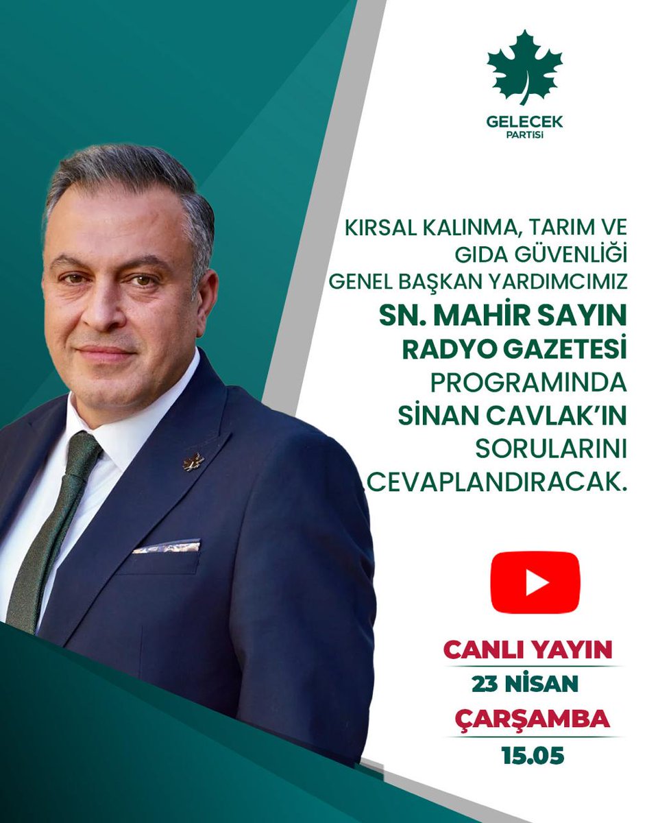Gelecek Partisi (@gelecekpartitr) on Twitter photo Kırsal Kalkınma, Tarım ve Gıda Güvenliği Başkanımız Sayın <a href="/MahirSayn5/">Mahir Sayın</a>, “Radyo Gazetesi” programının konuğu oluyor.
🗓 23 Nisan Salı (Bugün)
⏰ 15.05
📺 Radyo Gazetesi Kırsal Kalkınma, Tarım ve Gıda Güvenliği Başkanımız Sayın <a href="/MahirSayn5/">Mahir Sayın</a>, “Radyo Gazetesi” programının konuğu oluyor.
🗓 23 Nisan Salı (Bugün)
⏰ 15.05
📺 Radyo Gazetesi