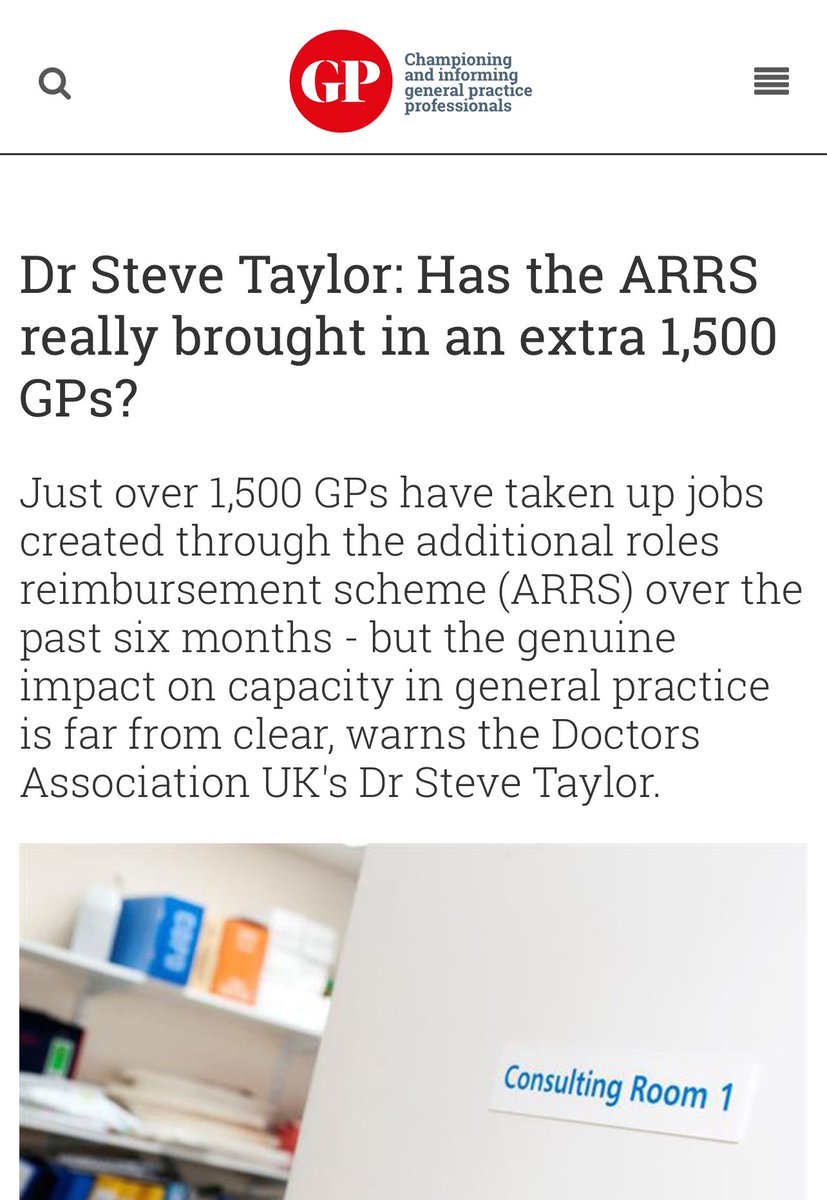 Dr Steve Taylor (@drstevetaylor) on Twitter photo GP unemployment & underemployment hasn’t gone away
GP ARRS roles are not ideal, limited to GPs in their first 2yrs of working & are mostly replacing regular Locums so not increasing capacity
Patients need GPs & GPs need jobs <a href="/wesstreeting/">Wes Streeting</a> fund GP practices to recruit & retain GP unemployment & underemployment hasn’t gone away
GP ARRS roles are not ideal, limited to GPs in their first 2yrs of working & are mostly replacing regular Locums so not increasing capacity
Patients need GPs & GPs need jobs <a href="/wesstreeting/">Wes Streeting</a> fund GP practices to recruit & retain