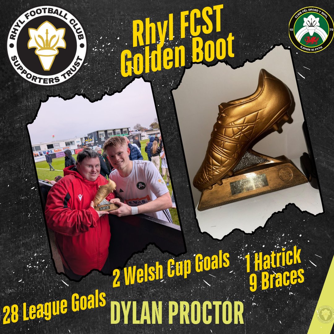 Rhyl FC Supporters Trust (@rhylfcst) on Twitter photo Our Golden boot has been awarded to Dylan Proctor presented by lifelong Rhyl fan James.
Dylan has been a constant threat to opposition defences and a scorer of every type of goal there is.
If he wanted to, he could have his own goal of the season comp.
<a href="/DylanProctor1/">Dylan Proctor</a> Our Golden boot has been awarded to Dylan Proctor presented by lifelong Rhyl fan James.
Dylan has been a constant threat to opposition defences and a scorer of every type of goal there is.
If he wanted to, he could have his own goal of the season comp.
<a href="/DylanProctor1/">Dylan Proctor</a>