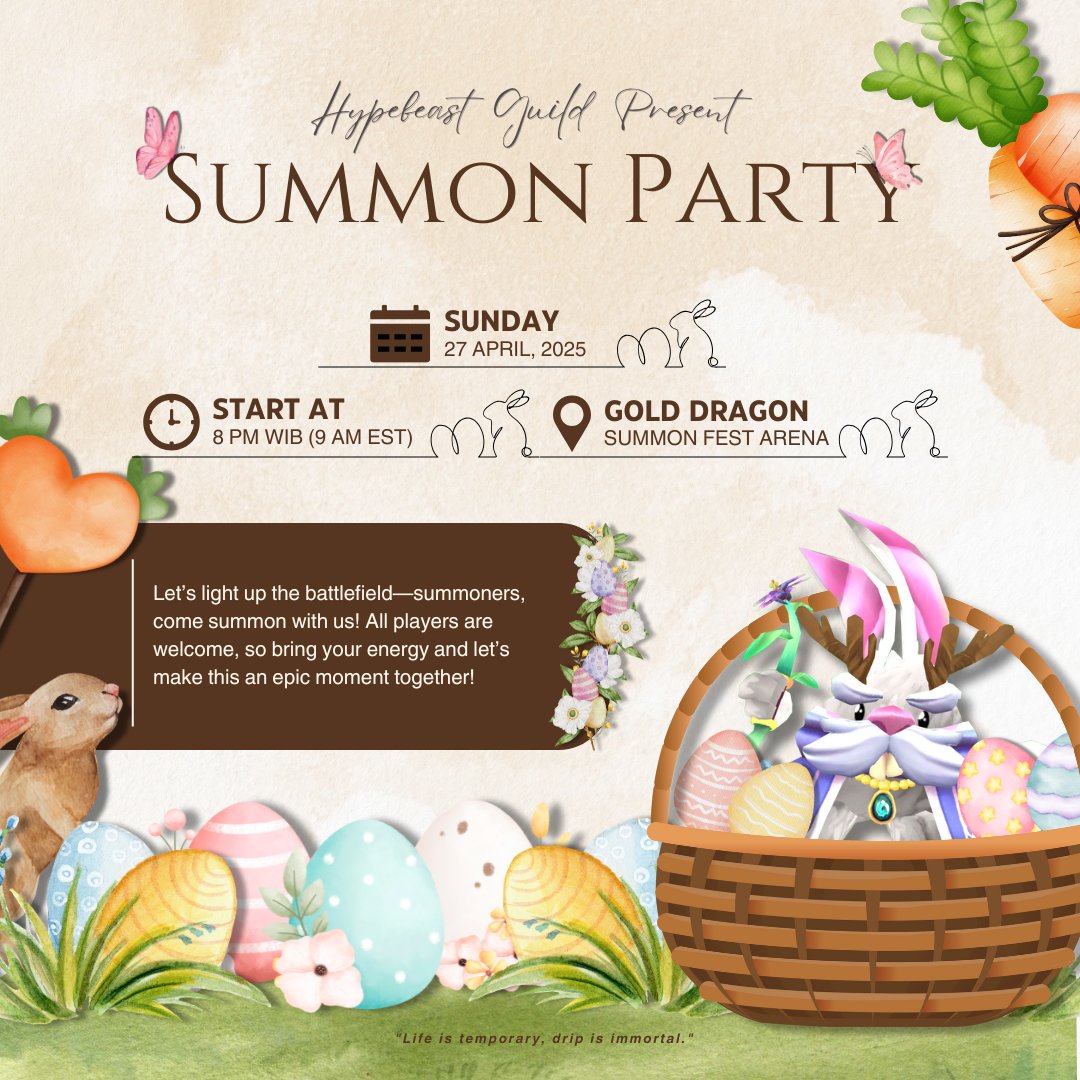 Hey adventurers! 👋
Hypebeast Guild is throwing a Summon Party — and you’re invited! 🎉

We’ll be summoning everything from Gnome to the Live Event Chest — it’s gonna be wild!
Bring your keys, your luck, and your hype!
Check the poster for date &amp; time — don’t miss out! 🎉

#AQ3D
