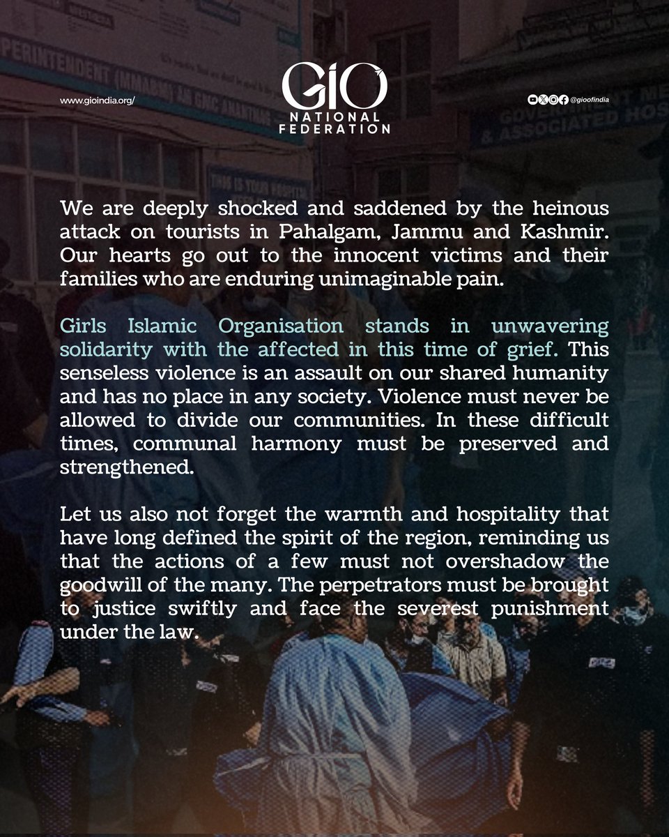 gioofindia's tweet photo. We are deeply shocked and saddened by the heinous attack on tourists in Pahalgam, Jammu and Kashmir. Our hearts go out to the innocent victims and their families who are enduring unimaginable pain. GIO stands in unwavering solidarity with them in this time of grief. https://t.co/T9CKYbPZ6G