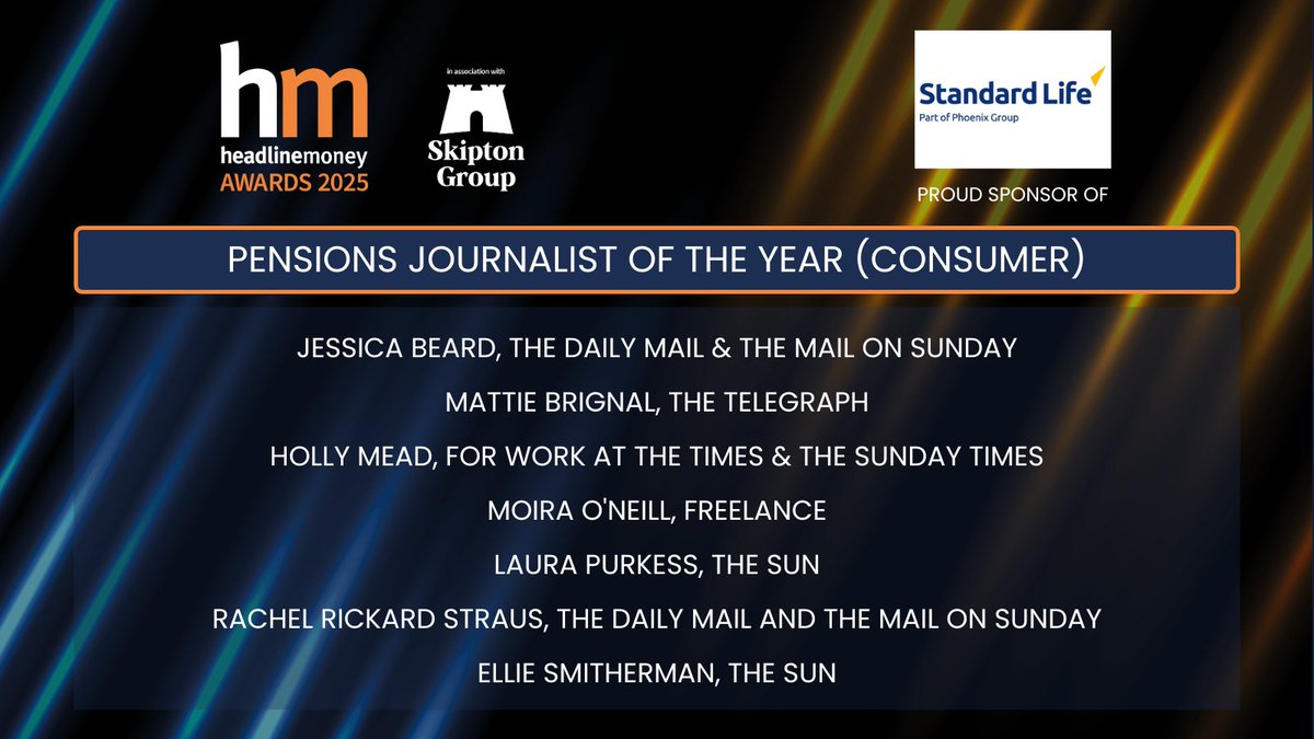 Headlinemoney (@headlinemoney_) on Twitter photo And in Pensions Journalist of the Year (Consumer), sponsored by <a href="/StandardLifeUK/">Standard Life UK</a>, congratulations go to:
<a href="/EllieSmitherman/">Ellie Smitherman</a>, <a href="/holly_mead_/">Holly Mead</a>, <a href="/Jessica__Beard/">Jessica Beard</a>, <a href="/laurapurkess/">Laura Purkess</a>, <a href="/mattiebrignal/">Mattie Brignal</a>, <a href="/MoiraONeill/">Moira O'Neill</a> & <a href="/Rachel_Spike/">Rachel RickardStraus</a> 👏
tinyurl.com/3wkkrzkp And in Pensions Journalist of the Year (Consumer), sponsored by <a href="/StandardLifeUK/">Standard Life UK</a>, congratulations go to:
<a href="/EllieSmitherman/">Ellie Smitherman</a>, <a href="/holly_mead_/">Holly Mead</a>, <a href="/Jessica__Beard/">Jessica Beard</a>, <a href="/laurapurkess/">Laura Purkess</a>, <a href="/mattiebrignal/">Mattie Brignal</a>, <a href="/MoiraONeill/">Moira O'Neill</a> & <a href="/Rachel_Spike/">Rachel RickardStraus</a> 👏
tinyurl.com/3wkkrzkp