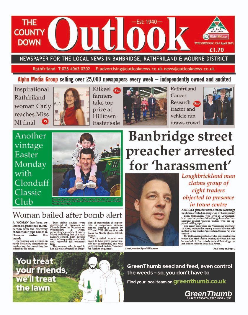 CoDownOutlook's tweet photo. In this week's Outlook, out now:

Banbridge street preacher arrested for ‘harassment’

Woman bailed in connection with Dromore pipe bombs discovery

Inspirational Rathfriland woman Carly reaches Miss NI final

Another vintage Easter Monday with Clonduff Classic Club

..And more! https://t.co/bd98Rboqj1