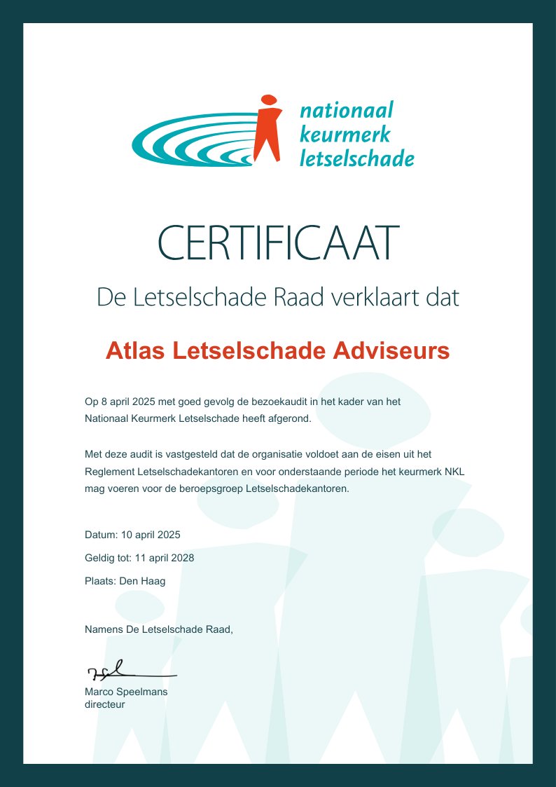 We zijn trots! Atlas Letselschade heeft opnieuw het Nationaal Keurmerk Letselschade (NKL) behaald.
Bij Atlas staat u centraal. En dát is nu ook officieel erkend.
📣 Volg ons en weet altijd waar u recht op heeft!
