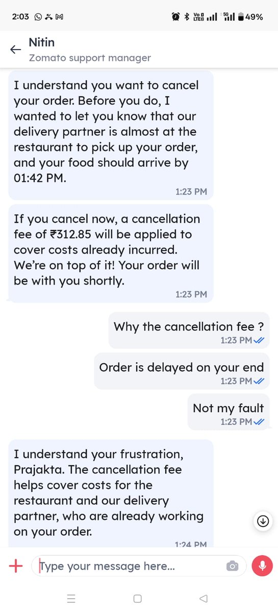 RtMihir's tweet photo. Timeline is as below:

1. Order placed - 12.40 pm
2. Customer Service revised ETD to 1.36 pm at 1.06 pm
3. ETD revised to 1.42pm, so asked to cancel order at 1.23pm
4. Support Exec refused refund and demanded cancellation fees instead. Citing mere 9 minutes delay https://t.co/6fKF6kpqiV
