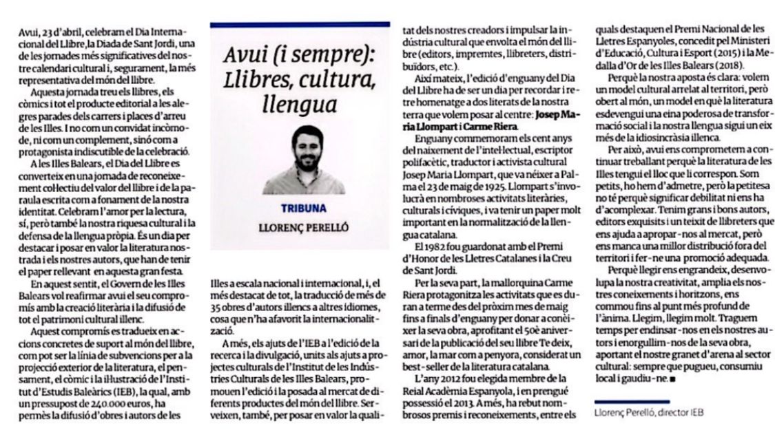 Jaume Bauzà Mayol (@jbauzamayol) on Twitter photo Article publicat avui al <a href="/diariomallorca/">Diario de Mallorca</a> signat per <a href="/lloperellor/">Llorenç Perelló</a>. D'imprescindible lectura en aquest #23Abril 🌹📚
diariodemallorca.es/opinion/2025/0… Article publicat avui al <a href="/diariomallorca/">Diario de Mallorca</a> signat per <a href="/lloperellor/">Llorenç Perelló</a>. D'imprescindible lectura en aquest #23Abril 🌹📚
diariodemallorca.es/opinion/2025/0…