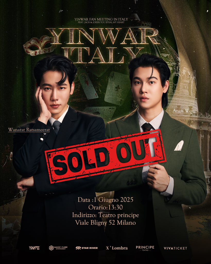 Magic Cube Entertainment (@magiccubeth) on Twitter photo 📢We’re very happy to announce that tickets for YinWar’s first fan meeting in Italy are officially sold out!
🫶🏻Thank you all for your incredible support.
<a href="/ywpbofficial/">YWPB_OFFICIAL</a>
<a href="/STARRIVER_ENT/">starriver_entertainment</a>
#YINWAR_FANMEET_TOUR
#YinWarITALY 📢We’re very happy to announce that tickets for YinWar’s first fan meeting in Italy are officially sold out!
🫶🏻Thank you all for your incredible support.
<a href="/ywpbofficial/">YWPB_OFFICIAL</a>
<a href="/STARRIVER_ENT/">starriver_entertainment</a>
#YINWAR_FANMEET_TOUR
#YinWarITALY
