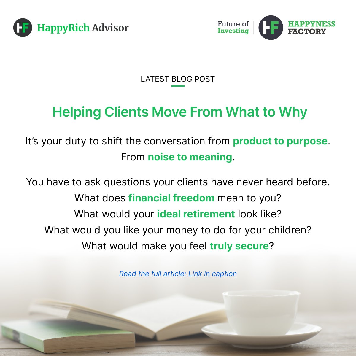 When clients shift from chasing returns to discovering purpose, something powerful happens.
They stop checking performance—and start finding peace.

Read more: bit.ly/4irDbk4

#PurposeDrivenInvesting #GoalsOverReturns #FinancialClarity #HappynessFactory