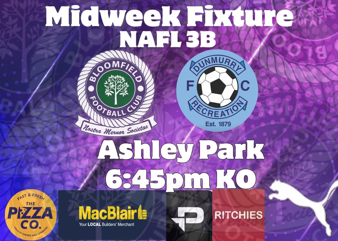 🏆Fixtures 24.04.25🏆

Midweek action for our seconds as they travel to Dunmurry Rec FC tomorrow night. All support welcome 💜

<a href="/MacBlair5/">MacBlair</a> 
<a href="/ProD_Soccer/">Pro:Direct Soccer</a> 
Ritchies 
Pizza-co