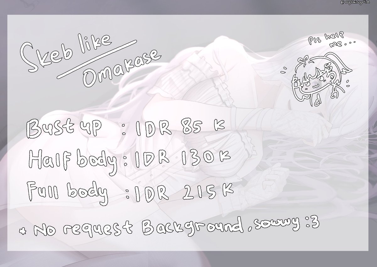 [Share are really appreciated]✨

-Commission open for local only-
open komis lagi dengan artstyle baru(⁠ ⁠◜⁠‿⁠◝⁠ ⁠)⁠♡
sekarang kamu juga bisa pesan Skeb like/ Omakase, loh~

ToS dibawah ya!
jika tertarik silahkan ketuk DM aku💜🙌🏻
#ayshicomms #commissionsopen
