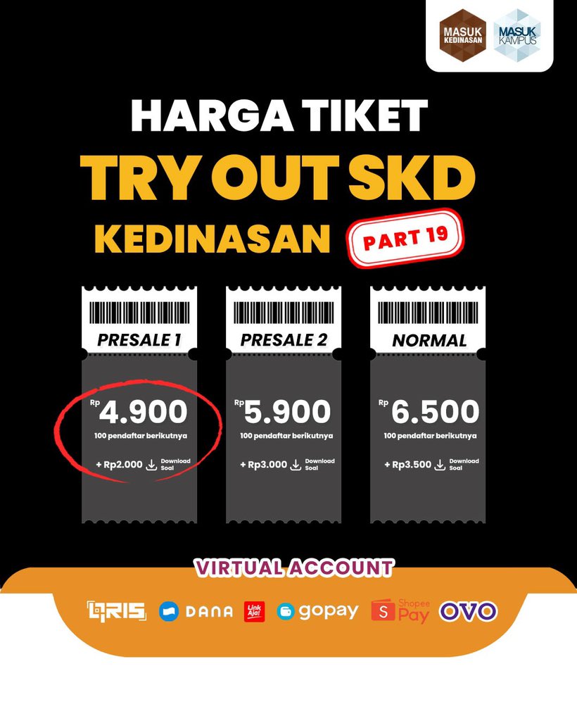 masukkampus's tweet photo. π Rekomendasi Try Out Persiapan SKD Kedinasan 2025
Solusi buat kamu yang mau persiapan SKD dengan waktu terbatas dan tanpa bimbel π
TRY OUT SKD KEDINASAN Reguler Part 19
Link pendaftaran: https://t.co/84MyiuNFXG
#tryoutskd #skdkedinasan #masukkampus #kedinasan #sekdin https://t.co/BDZ6mJA3xj