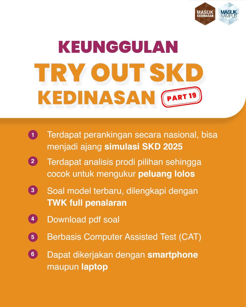 masukkampus's tweet photo. π Rekomendasi Try Out Persiapan SKD Kedinasan 2025
Solusi buat kamu yang mau persiapan SKD dengan waktu terbatas dan tanpa bimbel π
TRY OUT SKD KEDINASAN Reguler Part 19
Link pendaftaran: https://t.co/84MyiuNFXG
#tryoutskd #skdkedinasan #masukkampus #kedinasan #sekdin https://t.co/BDZ6mJA3xj