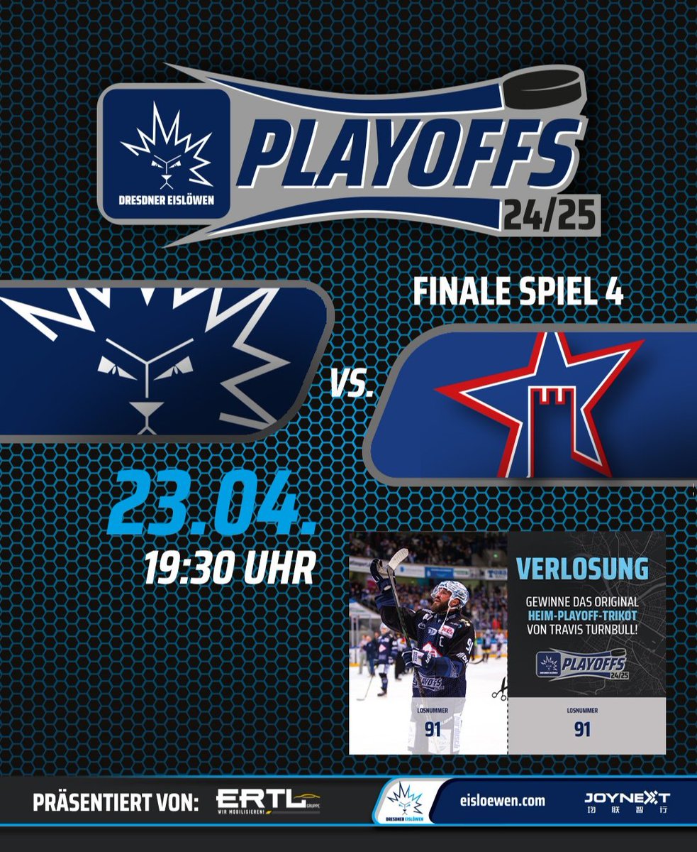 Spieltag! Weiter geht's mit Spiel 4 der Finalserie. 
Ab 19:30 Uhr wollen wir gegen die Ravensburg Towerstars nachlegen und einen weiteren wichtigen Schritt gehen - die JOYNEXT Arena ist ausverkauft. 💙🤍

#EislöwenRudel #DresdnerEislöwen #DREvsRVT