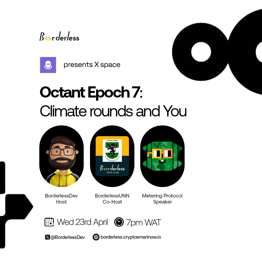 BorderlessDev👨🏼💻|#GG23 #Web3 for Universities (@borderlessdev) on Twitter photo GM GM Everyone 😊
Join us today at 7pm WAT as we dive into the <a href="/OctantApp/">Octant.eth</a> Epoch 7 Round, a special Climate-Themed Round that’s all about driving impact and sustainability.
We’ll break down:
•What this round means for you
•How these climate-focused projects are making a GM GM Everyone 😊
Join us today at 7pm WAT as we dive into the <a href="/OctantApp/">Octant.eth</a> Epoch 7 Round, a special Climate-Themed Round that’s all about driving impact and sustainability.
We’ll break down:
•What this round means for you
•How these climate-focused projects are making a