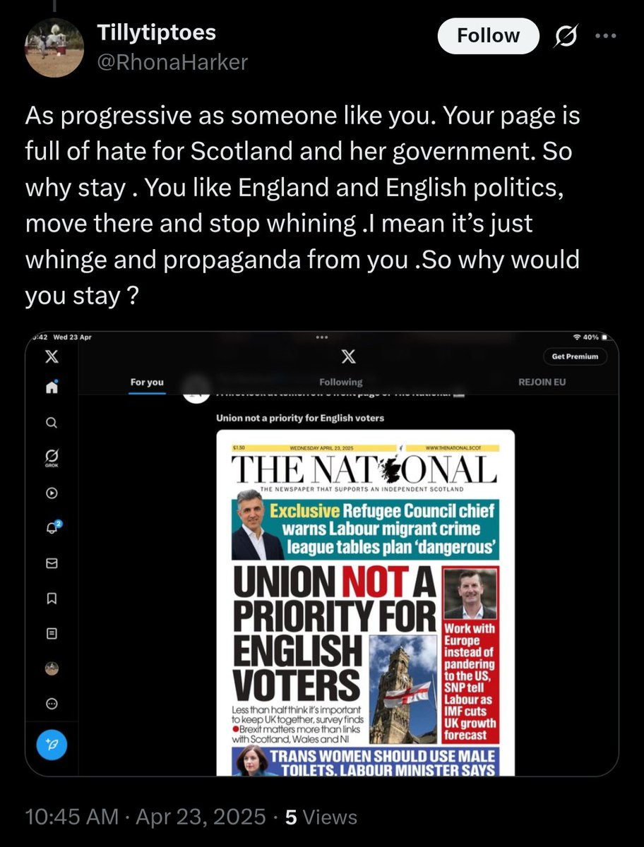 Seems the daftie <a href="/RhonaHarker/">Tillytiptoes</a> blocked before I could reply. Just another nationalist sycophant that doesn't understand calling out the actions &amp; policies of a political party has nothing to do with hating Scotland. The SNP are a political party they are not Scotland.