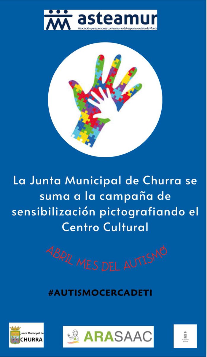 ♾️ Este viernes día 25 de abril, junto con la Asociación <a href="/Asteamur/">Asteamur</a> y Concejales del Ayuntamiento de Murcia, instalaremos pictogramas en el Centro Cultural de #Churra para facilitar la accesibilidad a personas con TEA (Trastorno del espectro autista) .

💫 #ChurraAvanza