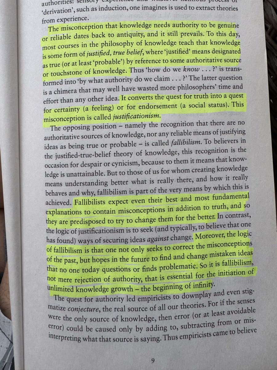 Third attempt to read “The Beginning of Infinity” and it’s finally clicking.

• Justificationism = “We can’t know something unless an authority or a method proves it.”
• Fallibilism = “All knowledge is improvable—even our best ideas might be flawed”

It’s a mindset of endless