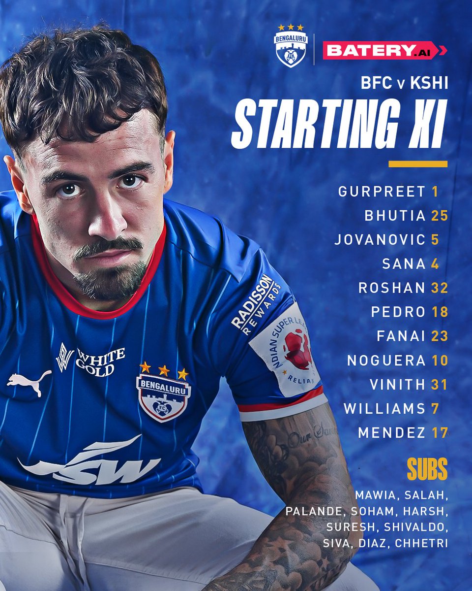 bengalurufc's tweet photo. 𝐓𝐄𝐀𝐌 𝐍𝐄𝐖𝐒! 🗞️ 

Aleks starts in defence. 🧱
Capo, Fanai and Noguera in midfield. 🔗
Williams and Vinith flank Edgar in attack. 🔵

Let’s go, Bengaluru! 🔥

#WeAreBFC #ಒಟ್ಟಿಗೆ #Ottige #BFCKSHI #KalingaSuperCup https://t.co/fRNvJ26WTS