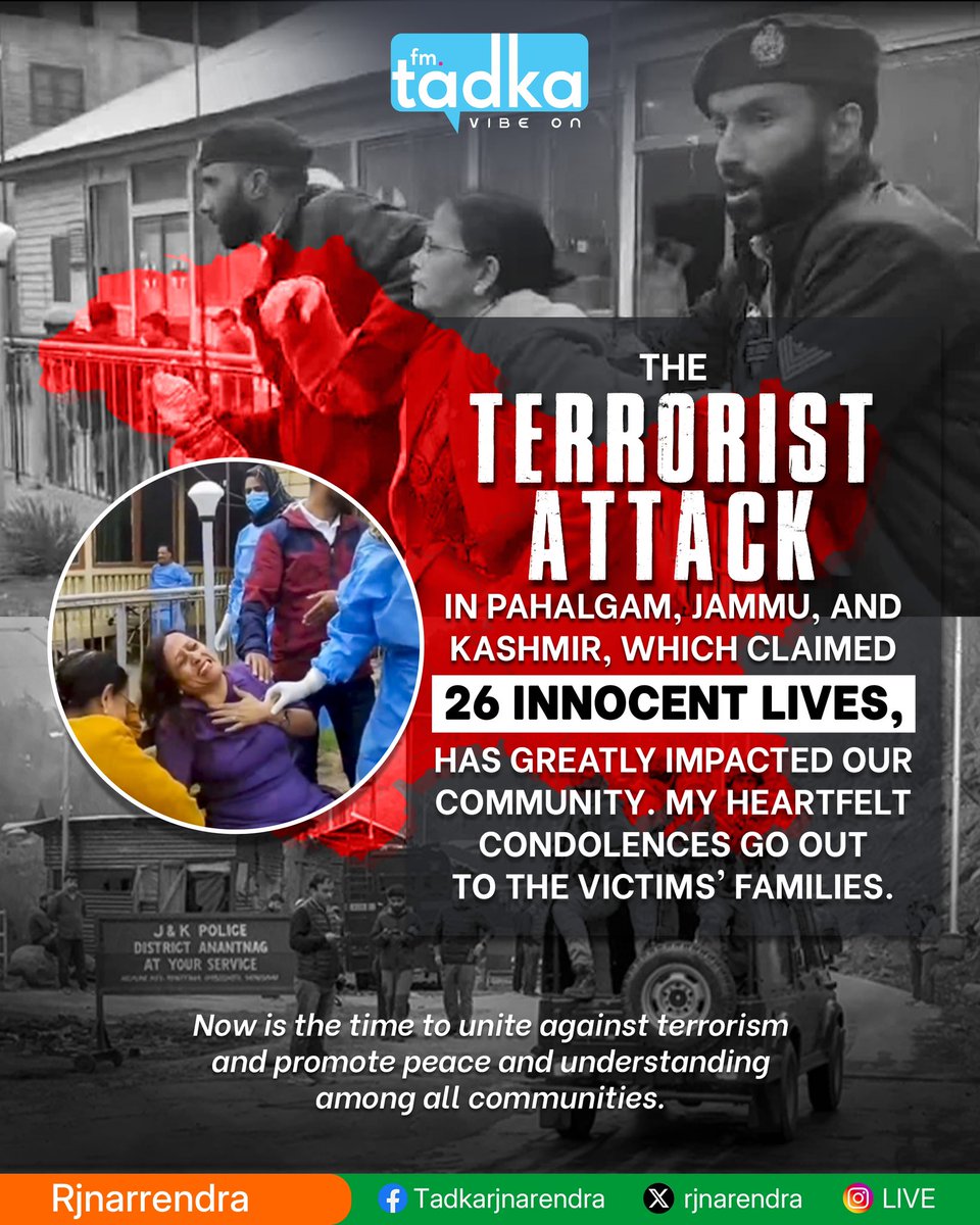 RJNARENDRA's tweet photo. The terrorist attack in Pahalgam, Jammu, and Kashmir, which claimed 26 innocent lives, has greatly impacted our community. My heartfelt condolences go out to the victims' families. 

#PahalgamAttack #KashmirTourismCrisis #TerrorImpact #TourismBleeds #JammuAndKashmir #rjnarrendra https://t.co/2TV2S8iSiR