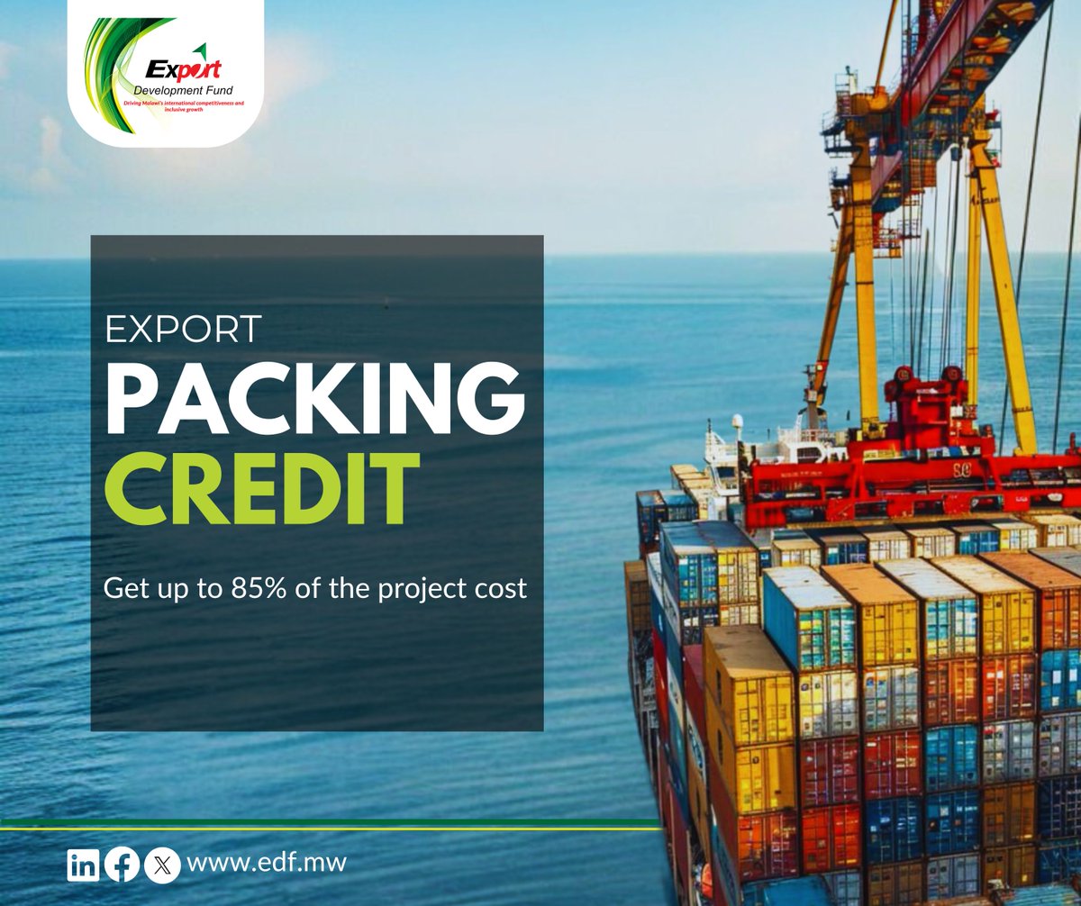 For many Malawian exporters, access to working capital is the missing link between opportunity and delivery.
The Export Development Fund’s Export Packing Credit Facility (EPaC)  offers financing for up to 85% of pre-export project costs.

Learn more: edf.mw/index.php/medi…